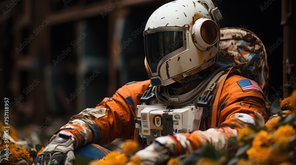 Astronaut poses for a photo shoot with a retro background with flowers.