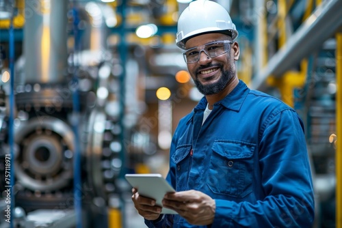 Professional technician in a blue uniform using a tablet in an industrial setting photo