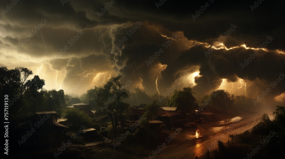 Dramatic tornado in lightning storm, raw force of nature in striking depiction of disaster.