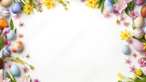 Grass, and Easter eggs flowers stripe pattern at the bottom of the space, empty white space