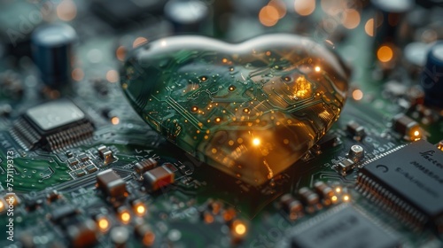 a close up of a computer circuit board with a heart shaped object on top of the circuit board with a circuit board in the background. photo