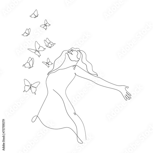 Line art woman in trendy hand-drawn abstract minimalistic style. Vector illustration of female body posing, Black isolate on a white background, Logo For Gym, Spa, Salon, Yoga Startups photo