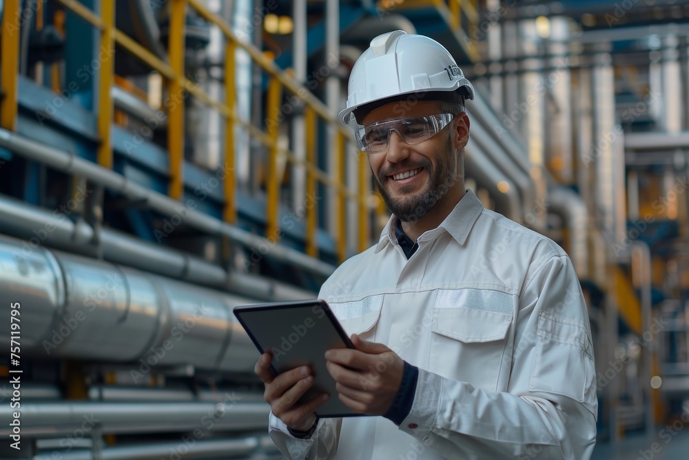 Smiling oil industry worker wearing safety gear and using tablet at facility