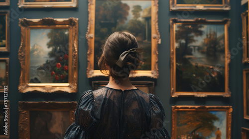 A young woman in vinatge dress and bow hairstyle is looking at pictures hanging on the wall of an art gallery, museum or historical exhibition. photo