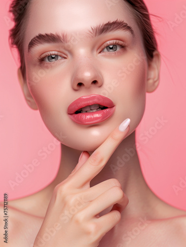 Close up view of young beautiful caucasian woman face over pink background. Lips contouring  SPA therapy  skincare  cosmetology and plastic surgery concept
