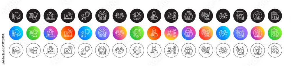 Employees group, Vitamin and Recovered person line icons. Round icon gradient buttons. Pack of Telemedicine, Settings blueprint, Woman read icon. Shield, Opinion, Hold box pictogram. Vector