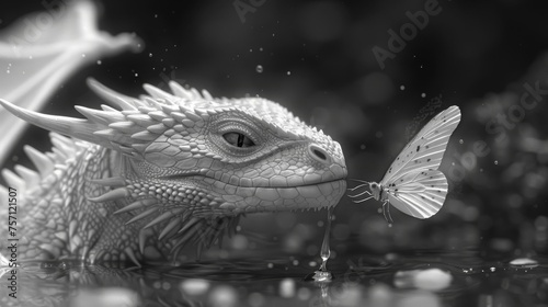 a black and white photo of a dragon with a butterfly on it's nose looking at it's reflection in the water.