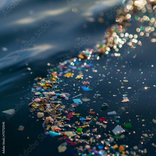Microplastics pollution in water, small colorful plastic pieces floating on the surface of the water