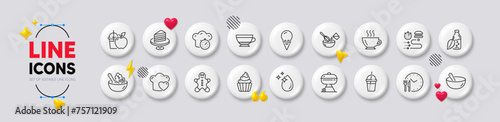 Gingerbread man, Food delivery and Cooking timer line icons. White buttons 3d icons. Pack of Ice cream, Grill, Love cooking icon. Dry cappuccino, Cupcake, Food time pictogram. Vector