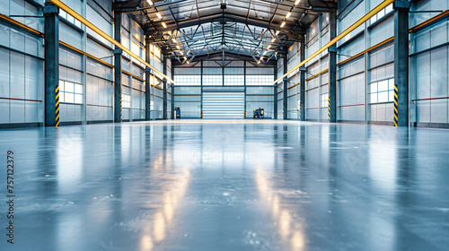 Clean and spacious industrial warehouse, concrete and metal structure creating a modern storage space © Jahid