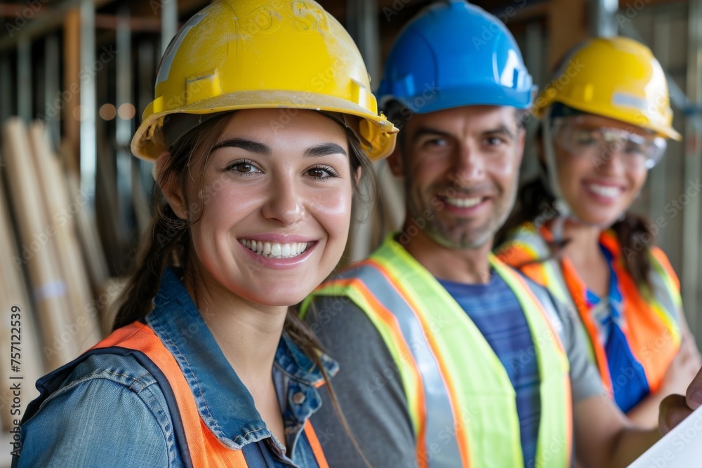 Confident construction team in safety gear smiling with blueprints Confident construction team in safety gear smiling with blueprints