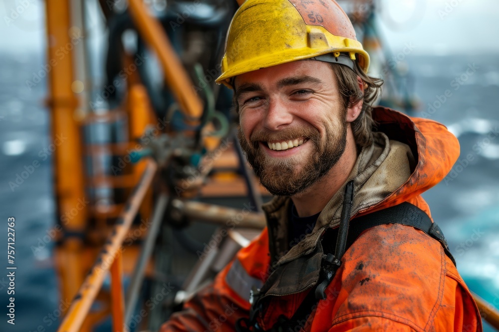 Smiling offshore oil technician with protective gear over the sea Smiling offshore oil technician with protective gear over the sea