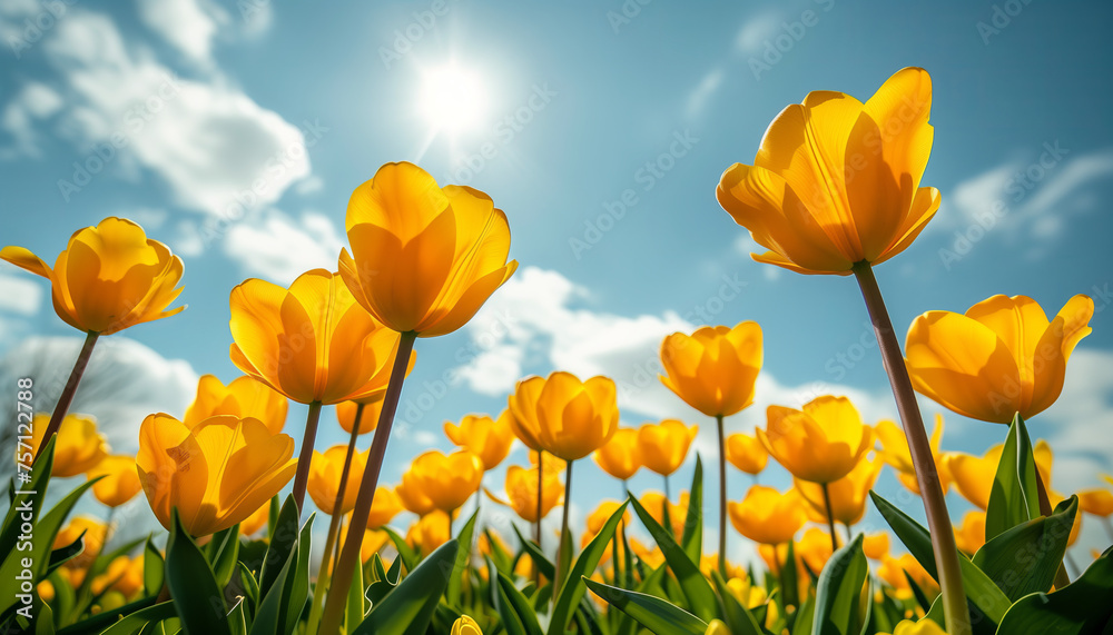 Beautiful yellow vibrant blooming tulips against blue cloudy sky in the background in sunlight. Spring and summer floral concept banner.
