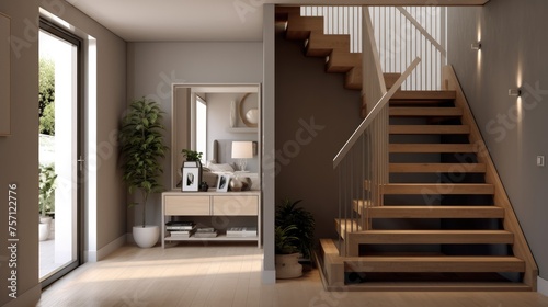 Interior of modern living room with wooden stairs.