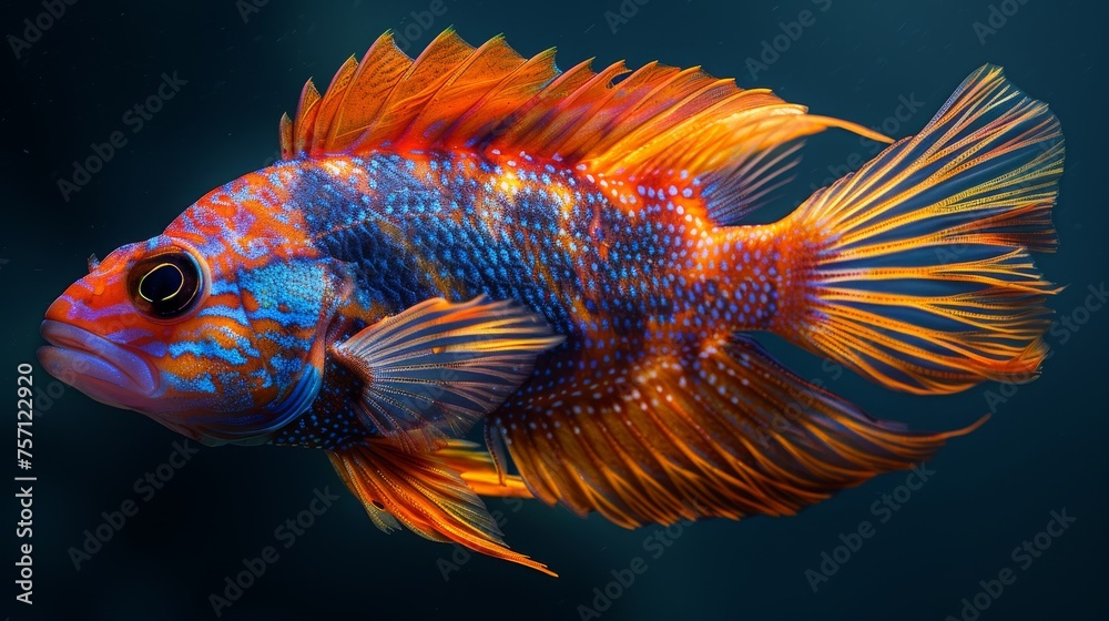 a close up of a blue and orange fish with a black back ground and a blue sky in the background.