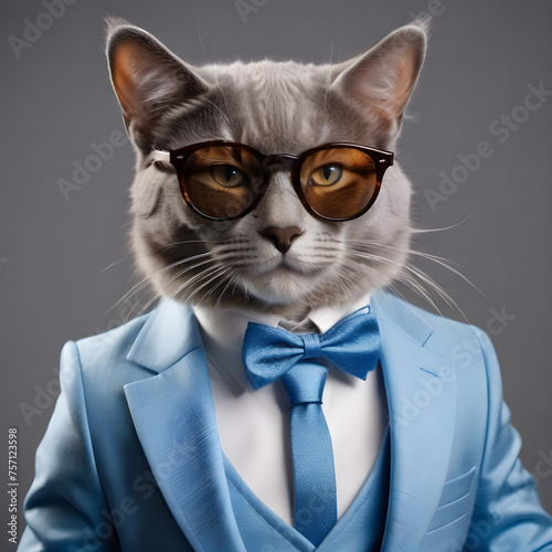 The Cool cat wearing suit clothes and glasses, Modern background. Concept Fashionable animals. Generative Ai © Patiya