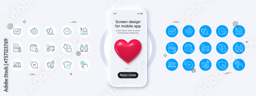 Phone mockup with 3d heart icon. Cooking timer, Phone video and Account line icons. Pack of Calendar, Statistics timer, Waterproof icon. Time, 24h service, Piggy bank pictogram. Vector