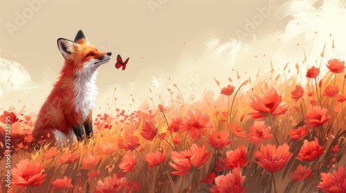 a painting of a fox in a field of flowers with a butterfly on it's nose looking at the sky.