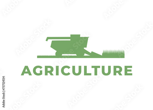 Agriculture farming logo, emblem. Farm vehicles and machinery works on field. Harvester, tractor, seeder, plow. Agricultural farming equipment tillaging farmland. Isolated flat vector illustration.