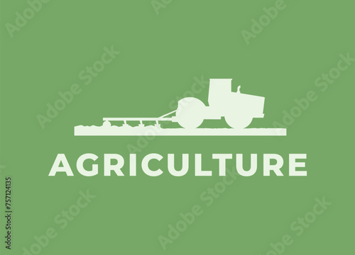 Agriculture farming logo, emblem. Farm vehicles and machinery works on field. Harvester, tractor, seeder, plow. Agricultural farming equipment tillaging farmland. Isolated flat vector illustration.