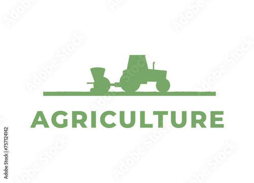 Agriculture farming logo, emblem. Farm vehicles and machinery works on field. Harvester, tractor, seeder, plow. Agricultural farming equipment tillaging farmland. Isolated flat vector illustration.