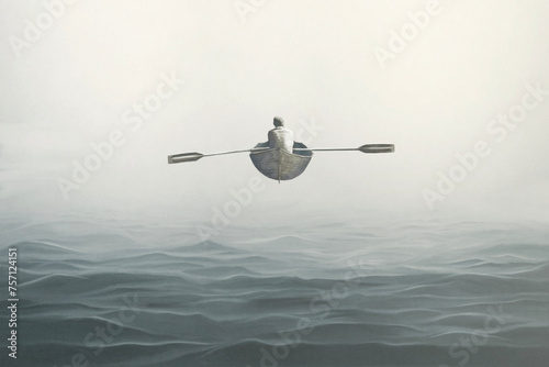 Illustration of man on a canoe flying over the sea, surreal abstract concept