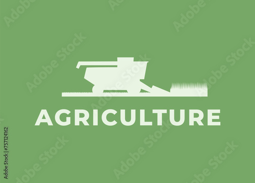 Agriculture farming logo, emblem. Farm vehicles and machinery works on field. Harvester, tractor, seeder, plow. Agricultural farming equipment tillaging farmland. Isolated flat vector illustration.
