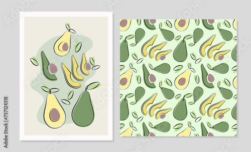 Avocado fruits set in flat design. Poster and seamless pattern with avocado for fabric, cards, wallpaper in boho style.
