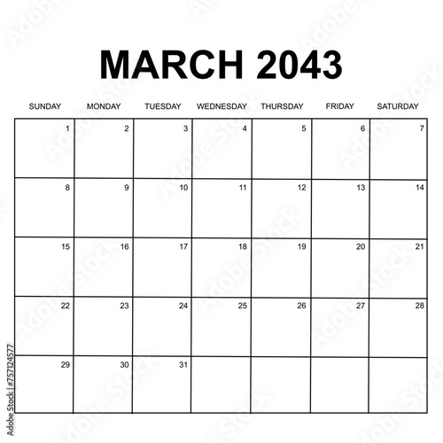march 2034. monthly calendar design. week starts on sunday. printable, simple, and clean vector design isolated on white background.