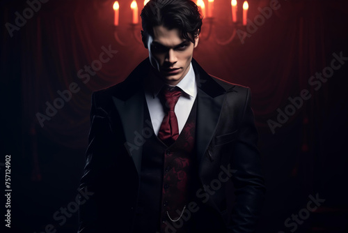 attractive male vampire in a classic suit. protagonist character of a romantic fantasy novel