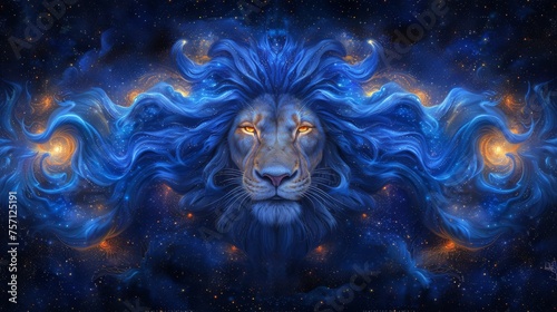 a painting of a lion s face with a blue mane and yellow eyes surrounded by blue and orange swirls.