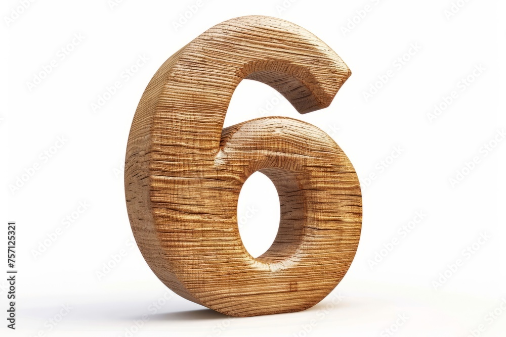 Cute wooden number 6 or six as wooden shape, white background, 3D illusion, storybook style Cute wooden number 6 or six as wooden shape, white background, 3D illusion, storybook style