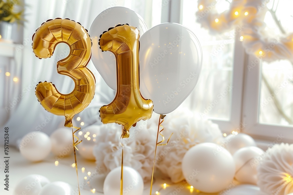 31. Hochzeitstag, 31. Hochzeitsjubiläum, Lindenhochzeit, "31" aus goldenen Heliumballons vor festlichem Hintergrund - obrazy, fototapety, plakaty 