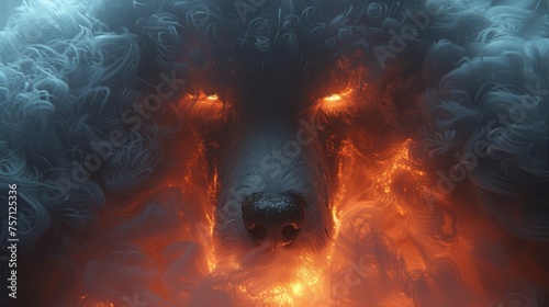 a close up of a dog's face with fire coming out of it's eyes and hair blowing in the wind. photo