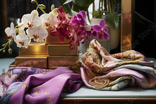 Silk scarves, jewelry box and bouquet of orchids. Generative AI