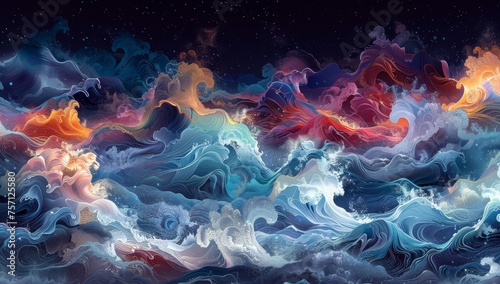 A digital art piece featuring colorful waves crashing against each other, creating an abstract and dynamic composition on a dark background. 