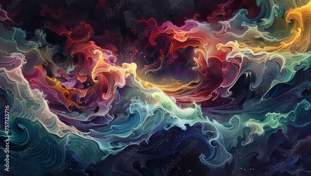 A digital painting of colorful waves creates an abstract and dynamic composition on a dark background. 