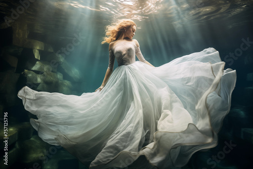 Young beautiful woman in chiffon dress floating underwater. Generative AI © Nomad_Soul