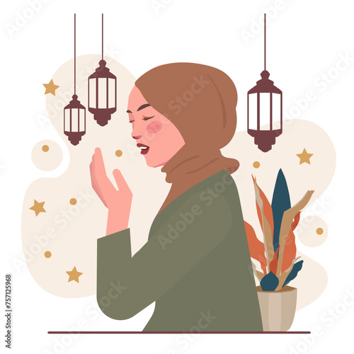 muslim woman praying on ramadan in flat illustration