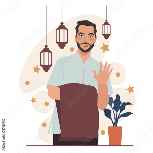 muslim man going to mosque with his praying mat illustration