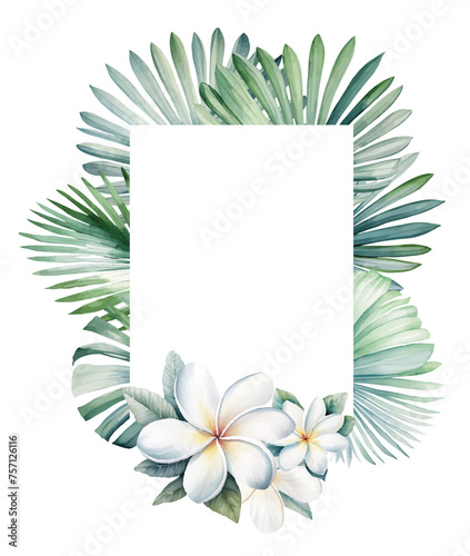 Watercolor tropical wreath with white flowers and green palm leaves isolated illustration