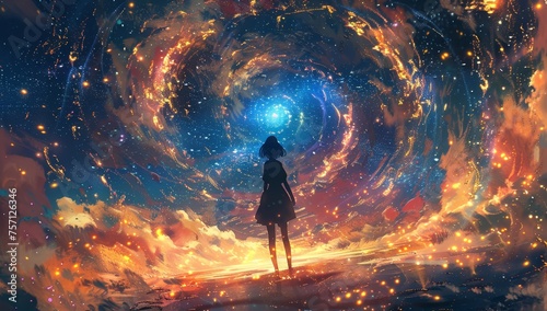 A girl in the center of an infinite spiral galaxy, arms outstretched to embrace it, colorful swirls around.