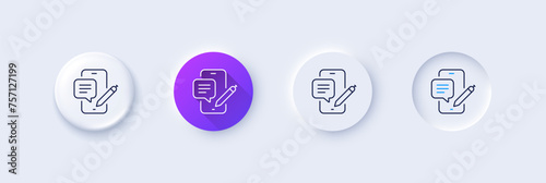 Phone chat line icon. Neumorphic, Purple gradient, 3d pin buttons. Smartphone app sign. Cellphone mobile device symbol. Line icons. Neumorphic buttons with outline signs. Vector
