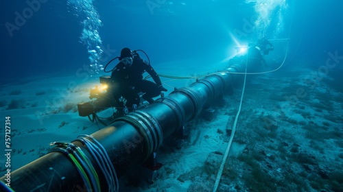 Underwater divers inspecting and maintaining a large pipeline, illuminated by artificial lighting.