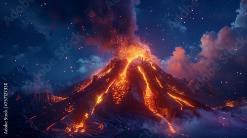 Surreal landscape of a volcano erupting with a starry sky backdrop, depicting an imaginative scene.