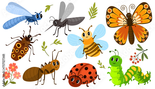 Cute insects set. Butterfly, ant, ladybug, bee, mosquito, caterpillar, dragonfly and beetle. Vector hand draw illustration isolated on white background © PawLoveArt