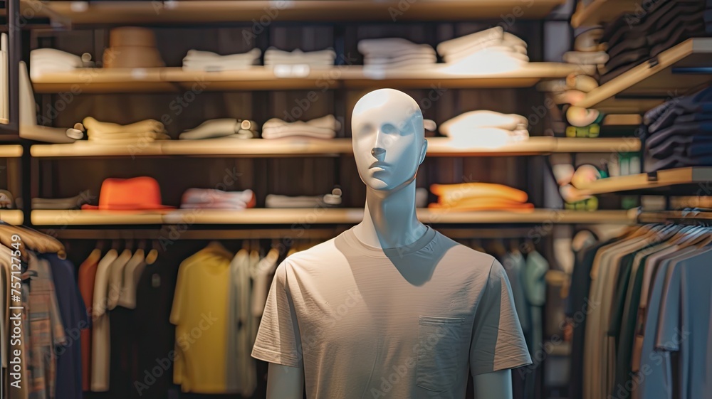 a dummy mannequin wearing a simple colored t-shirt in a clean and premium t-shirt shop setting.
