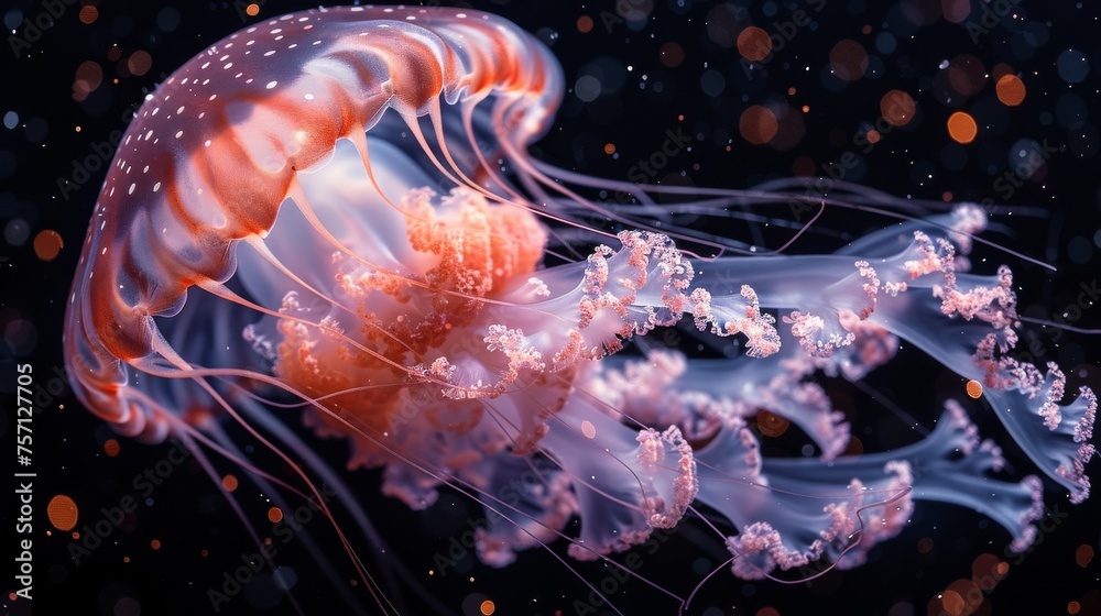 a close up of a jellyfish on a black background with a blurry image of it's head. a close up of a jellyfish on a black background with a blurry image of it's head.