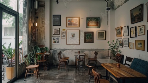 A bohemian-styled cafe space, replete with an eclectic wall art gallery, vintage wooden seating, and a relaxed, artistic vibe.