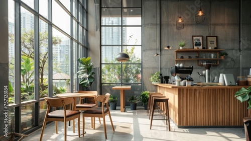 Floor-to-ceiling windows in a contemporary cafe interior reveal a bustling cityscape, complemented by lush indoor plants and modern furnishings.